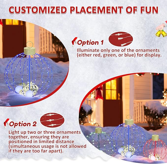 Outdoor Christmas Decorations, Set of 3 Lighted Christmas Ball Ornaments with 570 LED Lights, 6 Ground Stakes, Included 20 Small Plastic Xmas Ball Ornaments for Holiday Decor Yard