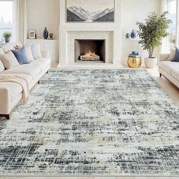 9x12 Washable Area Rug for Living Room Bedroom: Non-Slip Modern Black Gray | Machine Washable TPR Backing, Stain-Resistant Low Pile, Pet & Kid Friendly, Abstract Decor for Dining Room, Dorm, Home Office