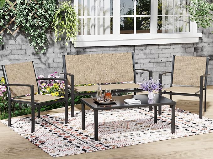 Greesum 4 Pieces Patio Furniture Set, Outdoor Conversation Sets for Patio, Lawn, Garden, Poolside with A Glass Coffee Table, Beige