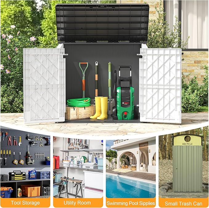 LHBcraft Outdoor Storage Cabinet 36 Cu Ft with Lockable Doors, Portable Horizontal Resin Storage Shed - Easy to Assemble, Waterproof Small Storage Shed with Floor