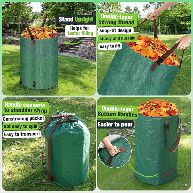Leaf Collector Bag with Lid, Shoulder Strap, and Drawstring – Reusable Yard Garden Bag for Leaves and Lawn Trash, Perfect for Leaf Removal, Yard Clean-Up (Without lid, 32 Gallon)