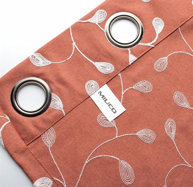 MIUCO Floral Embroidered Semi Sheer Curtains Faux Linen Grommet Window Curtains for Girls Room 52 x 63 Inch 2 Panels, Rust