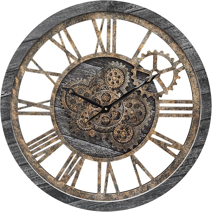 HOIBAI Wall Clock, 24 Inch Moving Gears Clock Large Wall Clock for Living Room Decor Rustic Vintage Industrial Steampunk Farmhouse Big Clock for Home Kitchen Bedroom Office