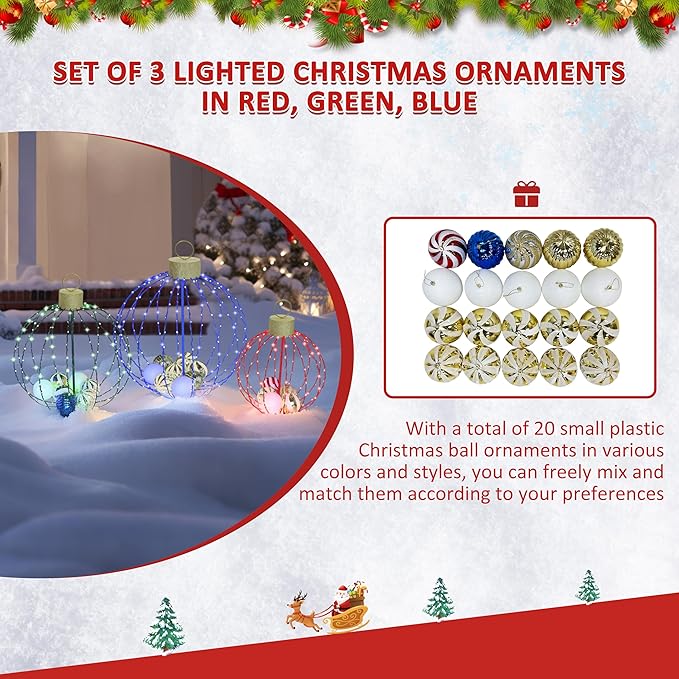 Outdoor Christmas Decorations, Set of 3 Lighted Christmas Ball Ornaments with 570 LED Lights, 6 Ground Stakes, Included 20 Small Plastic Xmas Ball Ornaments for Holiday Decor Yard