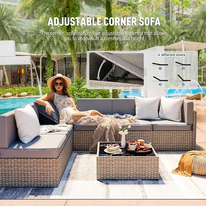 Pamapic Patio Furniture Set, 7 Pieces Modular Outdoor Sectional,Wicker Patio Sectional Sofa Conversation Set, Rattan Sofa with Coffee Table and Washable Cushions Covers, Grey Rattan(Grey Cushions)