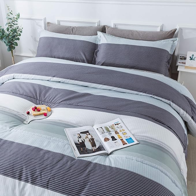 Andency Stripe Comforter Set Twin Size (66x90 Inch), 2 Pieces Mint Green Patchwork Striped Comforter, Soft Microfiber Down Alternative Comforter Bedding Set with Corner Loops (Mint, White, Grey)