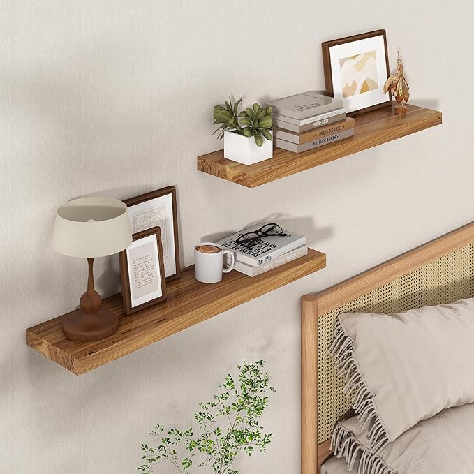 Axeman Floating Shelves for Wall - 32''W x 8'' D Rustic Solid Elm Wood Shelves for Storage, Wall Mounted Display Shelving with Invisible Heavy-Duty Metal Bracket (Natural, 2PCs)