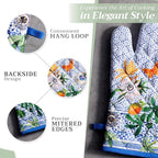 Maison d' Hermine 100% Cotton Oven Mitt & Pot Holder Set (7.5"x13" & 8"x8") | Heat Resistant BBQ Cooking Gloves with Loop Baking Grilling Kitchen Hotel Home Farmhouse Spring Summer - Passiflora