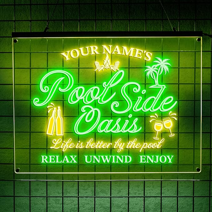 Personalized Pool Side Oasis Neon Sign, CustomLED Name Light for Backyard Patio Bar, Tropical Pool Decor, Relaxation Sign, Gift for Summer Lovers
