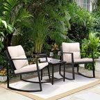 Greesum 3-Piece Rattan Wicker Patio Furniture Set with Rocking Chairs, Glass Table and Corelle 18-Piece Dinnerware Service for 6