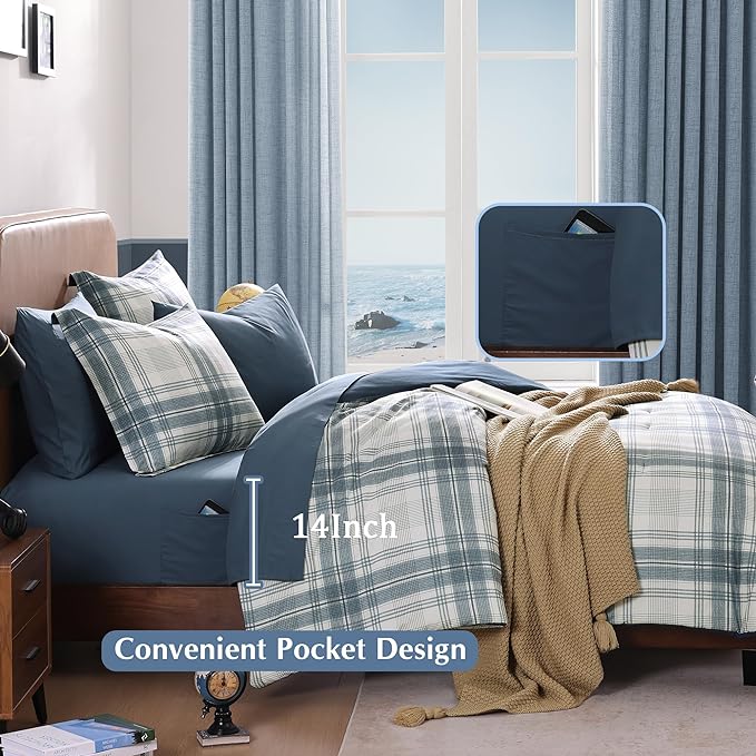 Blue Comforters Queen Size, Plaid Queen Bed Set for Boys & Girls,Classic Homestead-style Queen Size Comforter Sets with Sheets and Comforter Set