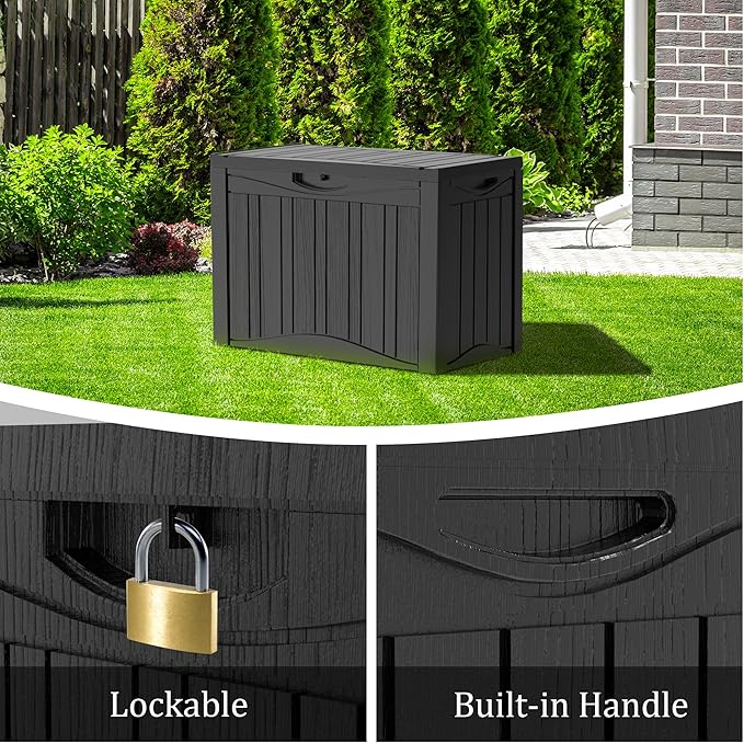 50 Gallon Plus Resin Deck Box, Waterproof Outdoor Storage Bin for Patio, Poolside, and Garden, Lockable & UV-Resistant, Ideal for Small Spaces, Black
