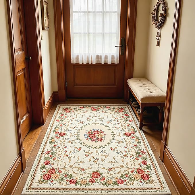 Rustic Shabby Rose Rug Vintage Elegant Traditional Rugs Accent Floral Rugs Carpet for Home Living Room/Bedroom, 55'' x 35'', Country Rose