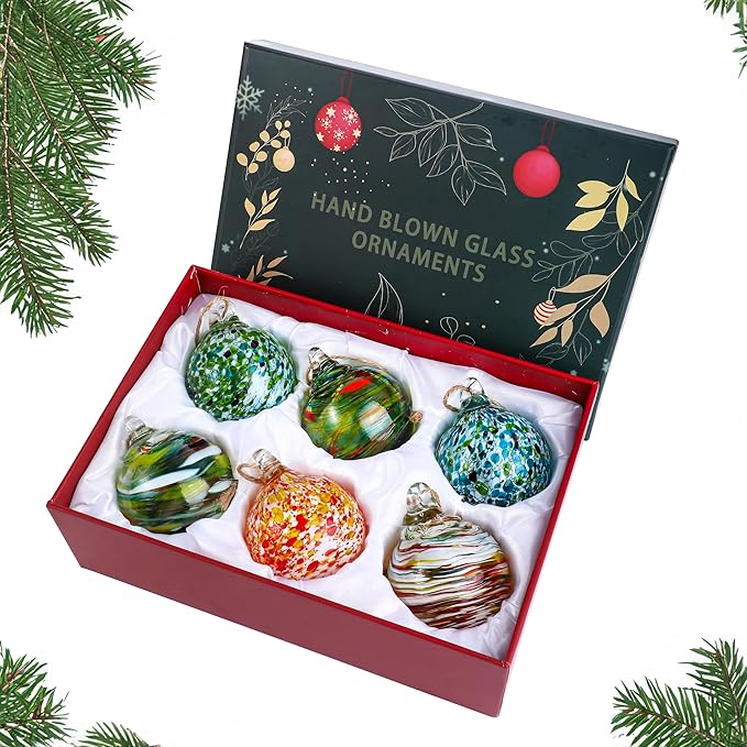 Set of 6 Hand Blown Glass Christmas Ornaments Hanging Gazing Ball Witches Ball Christmas Decor for Garden Patio Window Xmas Tree