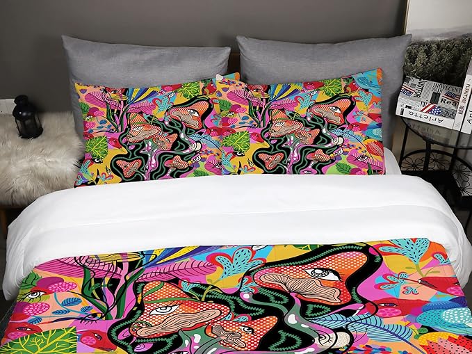 Sunnycitron Kids Comforter set Queen size Colorful Mushroom Comforter Sets Mandala Mushroom Bedding Hippie Bed Comforter Set - Fade Resistant (1 Comforter + 2 Pillowcases)