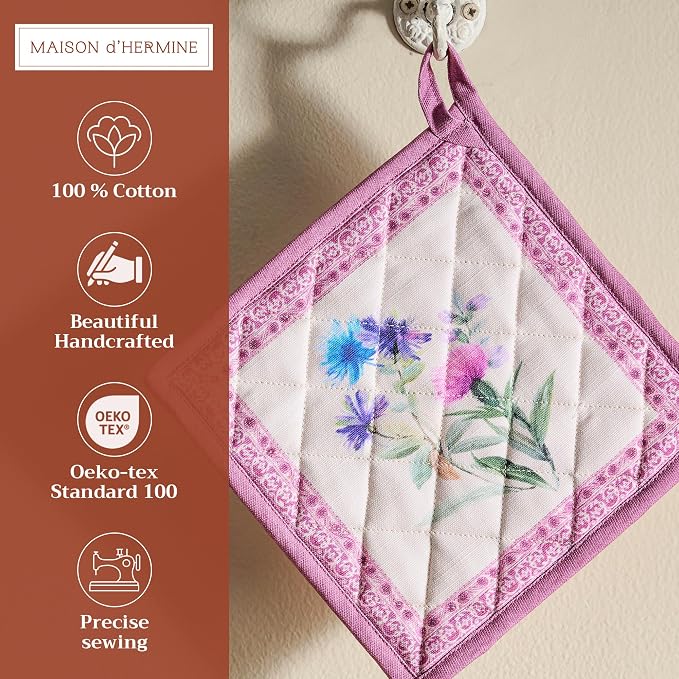 Maison d' Hermine Pot Holders 100% Cotton Potholders (8" x 8", Pack of 2) | Heat Resistant Hot Pads with Loop BBQ Cooking Baking Farmhouse Kitchen Handling Hot Pans Spring Summer - Chardon