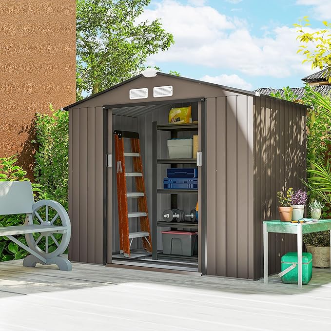Outsunny 7' x 4' Outdoor Storage Shed, Garden Tool Metal Shed with Foundation Kit, Double Lockable Door, Air Vents and Sloping Roof, for Backyard, Patio, Lawn, Brown
