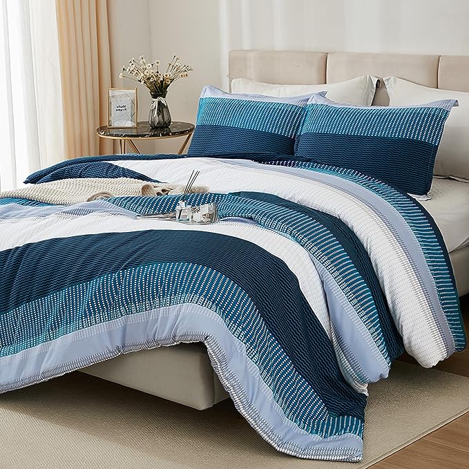 Litanika Navy Blue Comforter Full Size Set, 3 Pieces Bedding Set, Blue White Colorblock Stripe (79x90In Comforter & 2 Pillowcases)