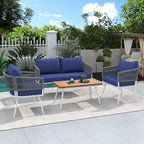 4-Piece Outdoor Patio Furniture Boho Rope Weave Set, Conversation Loveseat Sofa&Chairs with Acacia Wood Table and Thick Cushions, for Garden Backyard Balcony, Onesize, Navy Blue
