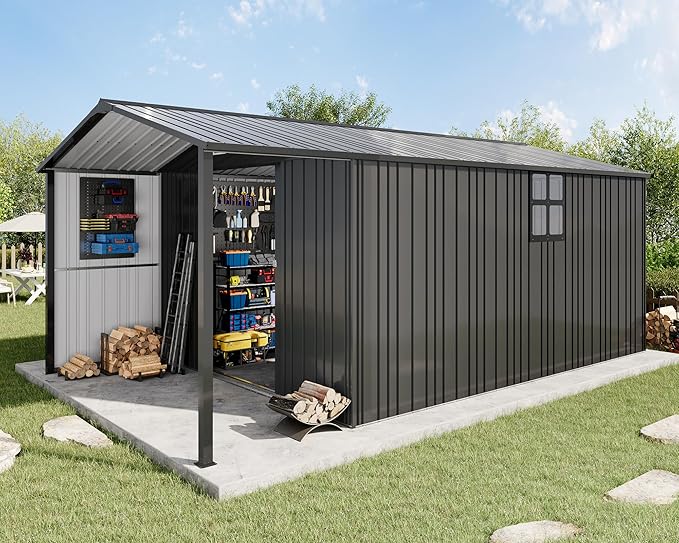 AMERLIFE 10x16.6x7.3 FT Metal Storage Shed with Lounge Area, Sliding Doors, 2 4-Pane Windows & Vents, Outdoor Tool Shed for Garden & Backyard, Heavy-Duty Weather-Resistant Steel, Dark Gray