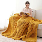 Battilo Chunky Knit Throw Blanket, Soft and Thick Chenille Throw Blanket, 50"x60" Handmade Cable Knit Crochet Blanket, Large Rope Knot Throw Blankets for Couch Sofa Bed Home Decor, Mustard
