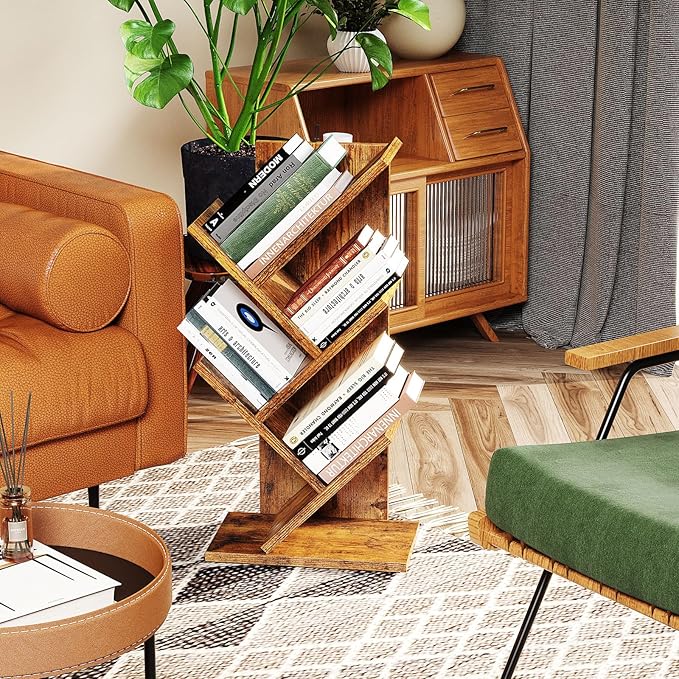 YMYNY 4 Tier Tree Bookshelf, Small Bookcase, Modern Wood Book Storage Rack, Freestanding Book shelf for Books/Movies/CDs, Narrow Display Rack for Living Room, Home Office, Rustic Brown UHBC014H