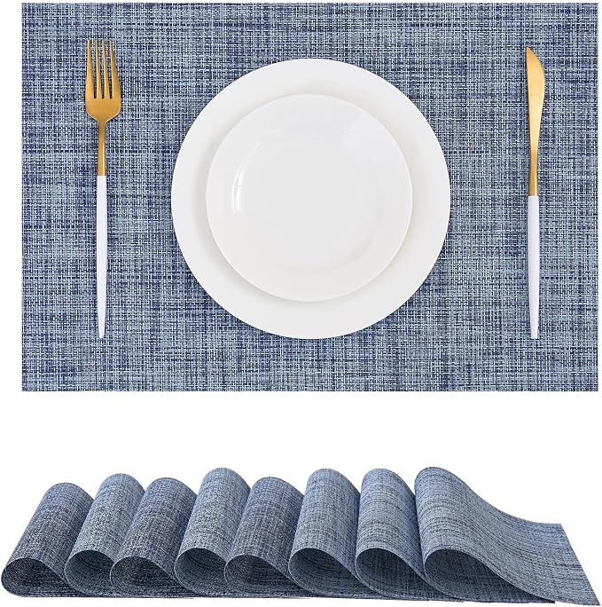 Leetaltree Deep Navy Woven Placemats Set of 8 - Heat Resistant Non-Slip Place mats for Dining Table, Washable Durable PVC Vinyl Woven Table Mats(Deep Navy, 8)