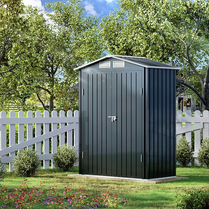 5x3X6.3FT Outdoor Steel Storage Shed with Lockable Doors and Frame Floor, Compact Small Bike Shed, Ideal for Garden, Backyard, Swimming Pool, Patio Utility and Tool Storage