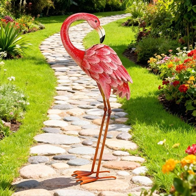 Shorayn Garden Statues Flamingo Sculptures Metal Yard Art, Pink Bird Art Outdoor Backyard Decor Patio Lawn Porch Ornament Flamingo Yard Decoration
