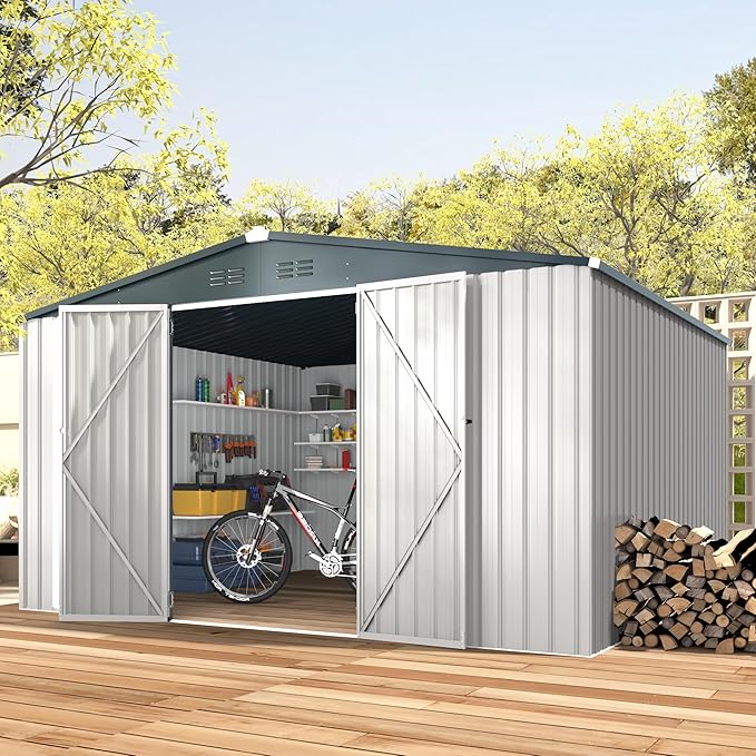 U-MAX 12x10 Storage Shed, Large Metal Outdoor Garden Sheds & Outdoor Storage Clearance, 10x12 Tool Shed Outdoor Storage Lockable for Backyard Outside Use in White