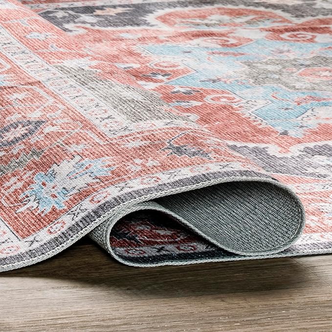 nuLOOM Jay Persian Medallion Machine Washable Ultra Thin Area Rug, 8' x 10', Red
