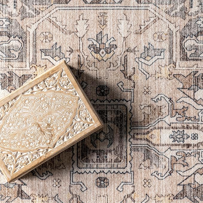 nuLOOM 3x5 Machine Washable Rain Haven Vintage Medallion Area Rug, Brown, Traditional Faded Design, Non-Slip Backing, Stain Resistant, For Bedroom, Dining Room, Living Room, Kitchen