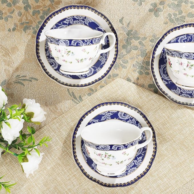 fanquare Bone China Tea Sets for Adults, 21-Piece Blue Lace and Roses Porcelain Tea Service with Sugar Bowl & Creamer, English Cremic Floral Teacups Set of 6 for Women Tea Party | Porcelain Tea Service with Sugar Bowl and Creamer, English Floral Cerami...