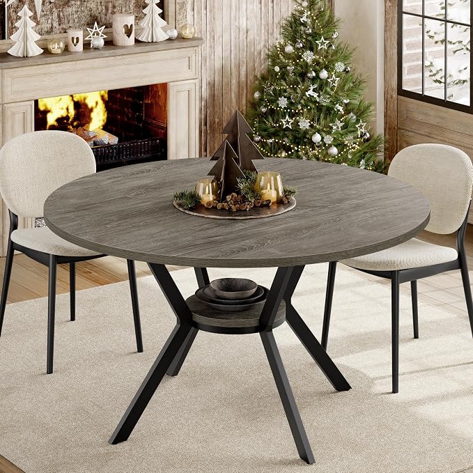 Round Dinner Table for 2-4, 42 Inch Kitchen & Dining Room Table with Storage, Wooden Circle Dining Table, Mid Century Modern Dining Table with Metal Legs for Kitchen, Living Room, Dining Room, Grey