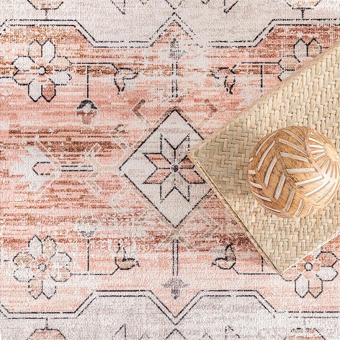 nuLOOM 8x10 Machine Washable Rain Haven Vintage Medallion Area Rug, Light Orange, Traditional Faded Design, Non-Slip Backing, Stain Resistant, For Bedroom, Dining Room, Living Room, Kitchen