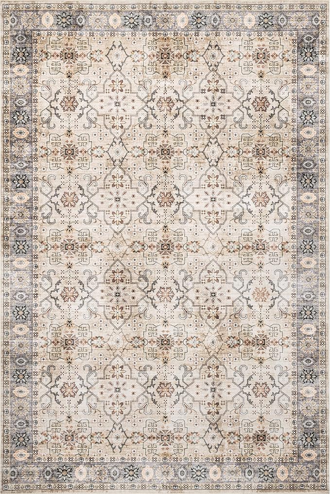 nuLOOM Annelle Floral Border Machine Washable Ultra Thin Area Rug, 4' x 6', Beige