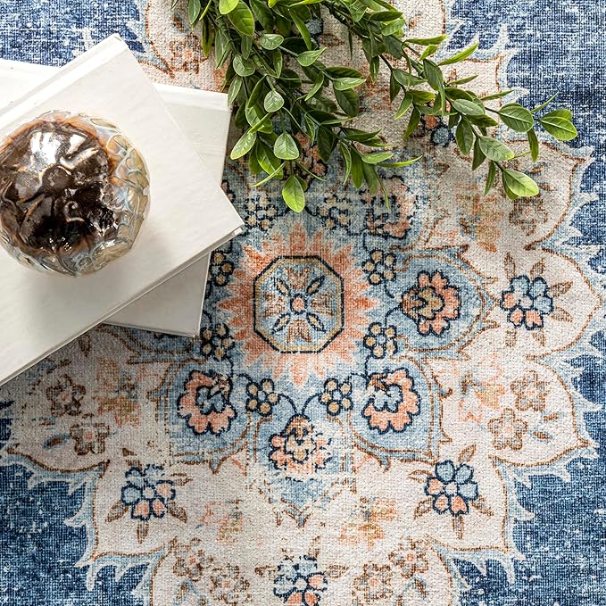 nuLOOM Ren Vintage Floral Machine Washable Ultra Thin Area Rug, 8x10, Blue