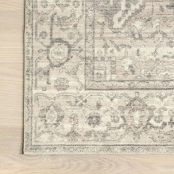 nuLOOM 2x6 Machine Washable Rain Haven Vintage Medallion Area Rug, Grey, Traditional Faded Design, Non-Slip Backing, Stain Resistant, For Bedroom, Dining Room, Living Room, Kitchen