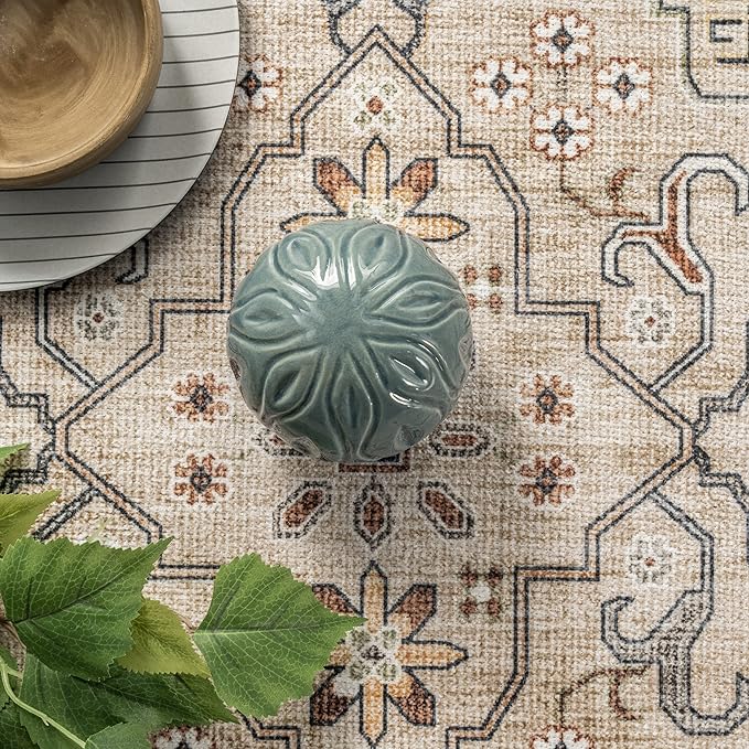 nuLOOM Annelle Floral Border Machine Washable Ultra Thin Area Rug, 4' x 6', Beige