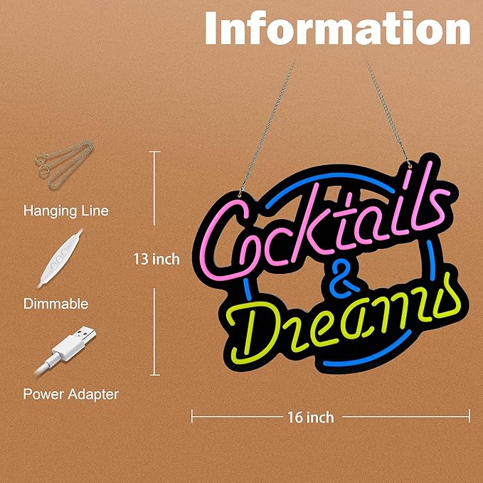 Ultrathin Cocktails Dreams Neon Sign Art Wall Lights for Bedroom Windows Glass Hotel Pub Cafe Wedding Birthday Party Gifts