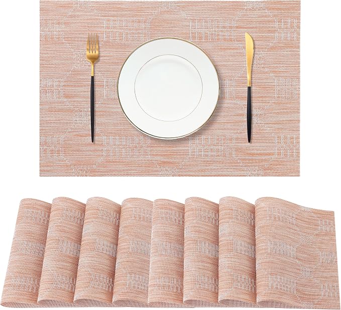 Leetaltree Coral Placemats Set of 8 - Heat Resistant Non-Slip Place mats for Dining Table, Washable Durable PVC Vinyl Woven Table Mats（Coral, 8）