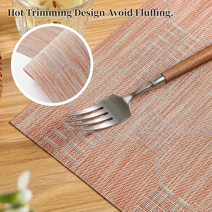 Leetaltree Coral Placemats Set of 12 - Heat Resistant Non-Slip Place mats for Dining Table, Washable Durable PVC Vinyl Woven Table Mats（Coral, 12）