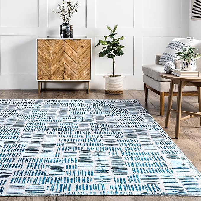 nuLOOM Mitzi Abstract Lines Machine Washable Ultra Thin Area Rug, 8' x 10', Blue