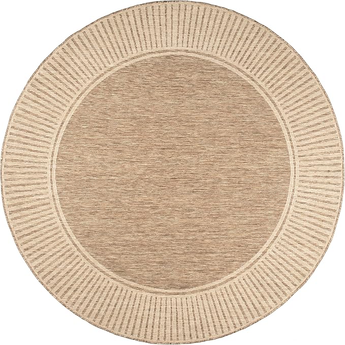 nuLOOM 6'7" Round Outdoor Area Rug, Casual Design With Striped Border, Stain Resistant, Highly Durable, For Patio, Balcony, Bedroom, Living Room, Dining Room, Bathroom, Light Brown