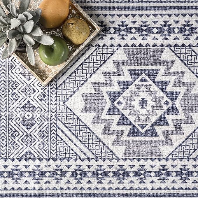 nuLOOM Jenine Southwestern Machine Washable Ultra Thin Area Rug, 8x10, Grey