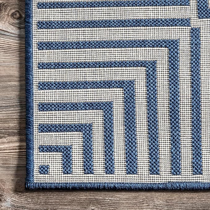 nuLOOM 2' x 8' Outdoor Area Rug, Casual Design With Striped Border, Stain Resistant, Highly Durable, For Patio, Balcony, Bedroom, Living Room, Dining Room, Bathroom, Navy