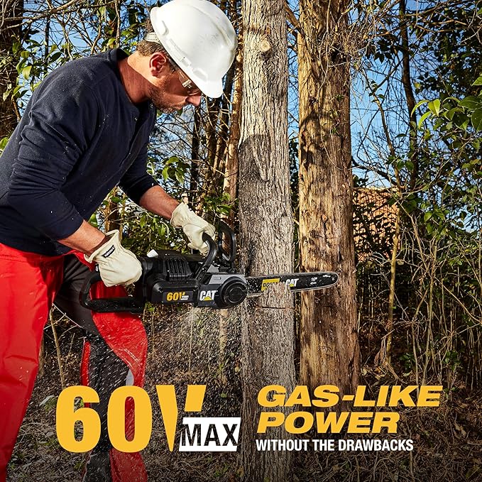 Cat DG630 60V Brushless 16” Chainsaw, Battery Chainsaw with Tool-Free Chain Tensioning, Electric Chainsaw Cordless with Chain Brake for Safety – Battery & Charger Included