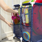 Essentially Yours Pool Storage Equipment Organizer Holder - Noodles, Toys, Balls, Floats Mesh Rolling Double Decker Bin, Large with Noodle Holder, (35.3" W x 23" L x 59.4" H), Blue/White Style 561935
