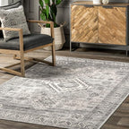 nuLOOM 8x10 Machine Washable Rain Haven Vintage Medallion Area Rug, Grey, Traditional Faded Design, Non-Slip Backing, Stain Resistant, For Bedroom, Dining Room, Living Room, Kitchen