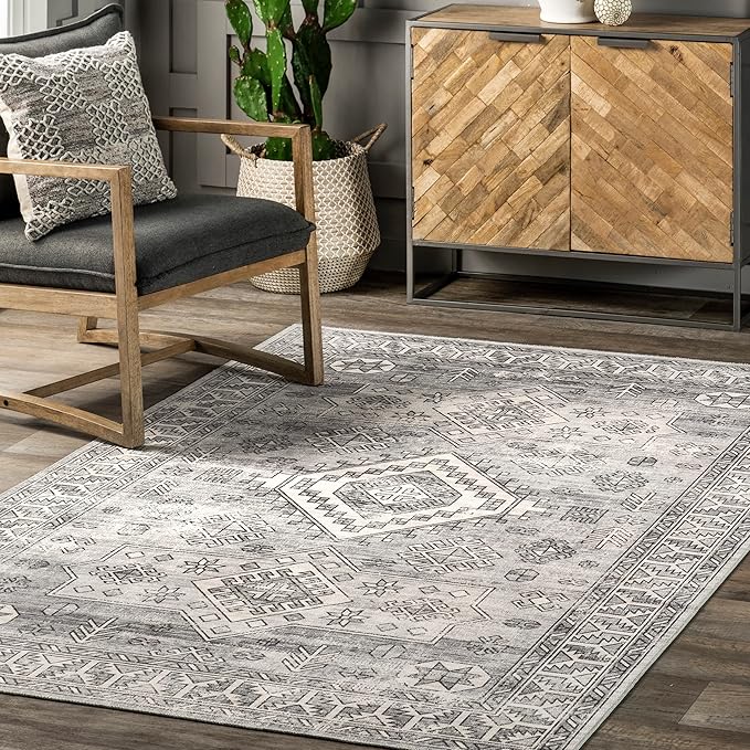 nuLOOM 8x10 Machine Washable Rain Haven Vintage Medallion Area Rug, Grey, Traditional Faded Design, Non-Slip Backing, Stain Resistant, For Bedroom, Dining Room, Living Room, Kitchen